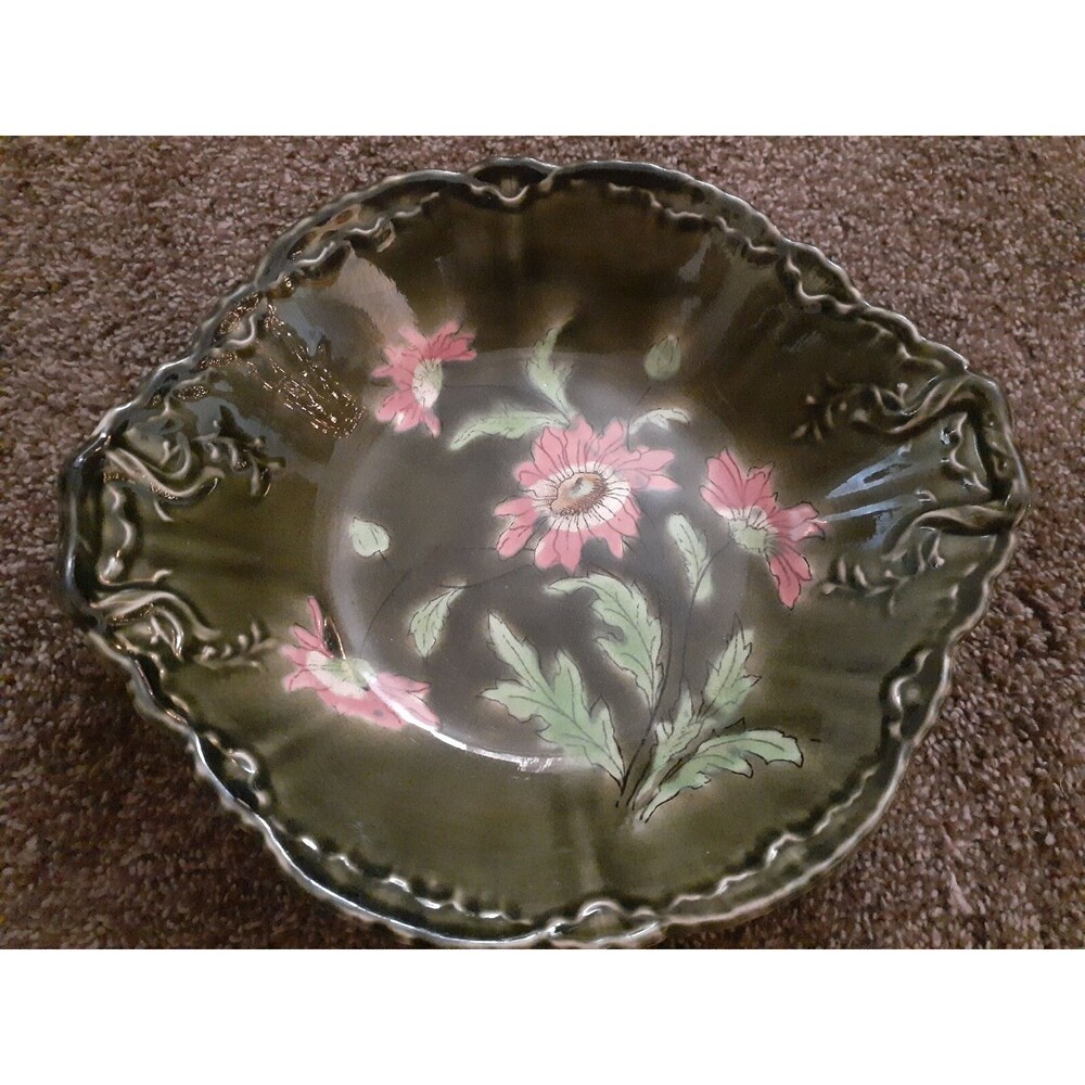 Antique 1875-1900 Astro Magolica Plate. Olive green & pink flowers porcelain